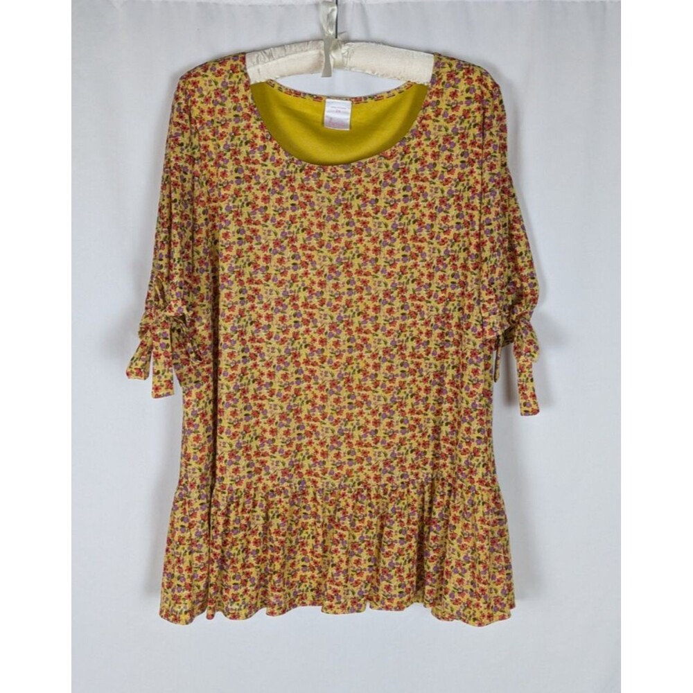 Luna Tunic Blouse 2X Women's Yellow Floral Tie Short Sleeve Flowy Bohemian Boho